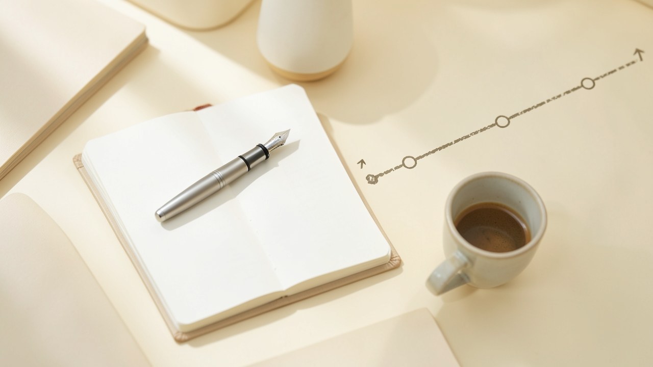 A clear desk with an open notebook, a pen, and a coffee cup, while a faint dashed line with circular nodes descends across the background, evoking a path toward lower loan rates.