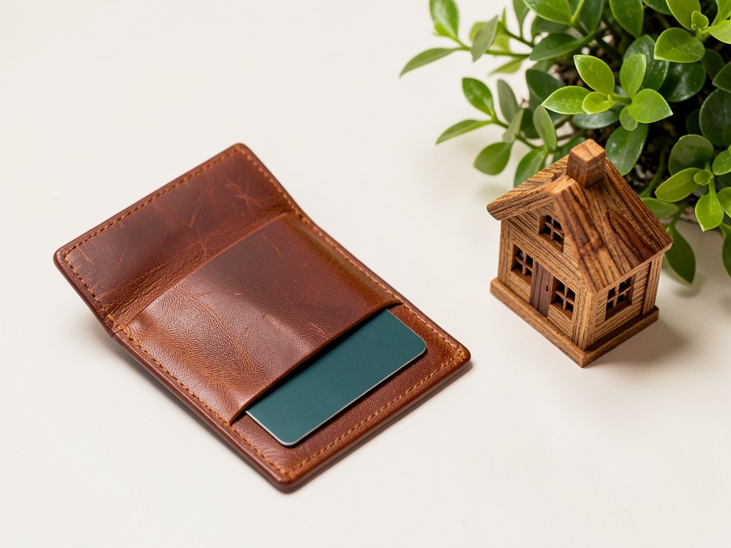 An open wallet with a credit card and a tiny house model beside it, symbolizing financial status and planning.