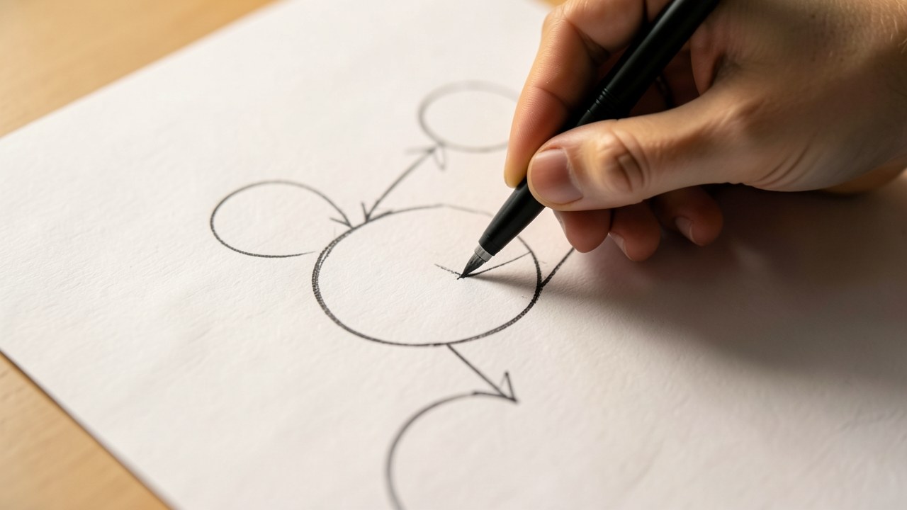 A hand sketching a flow diagram on paper with a pen, depicting the steps of borrowing and repaying a loan.