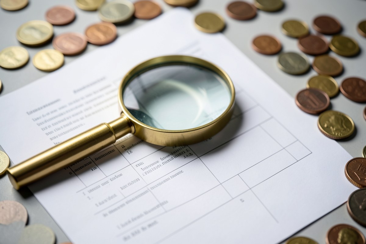 A magnifying glass over a document with small fee labels, highlighting the need to check for hidden charges.