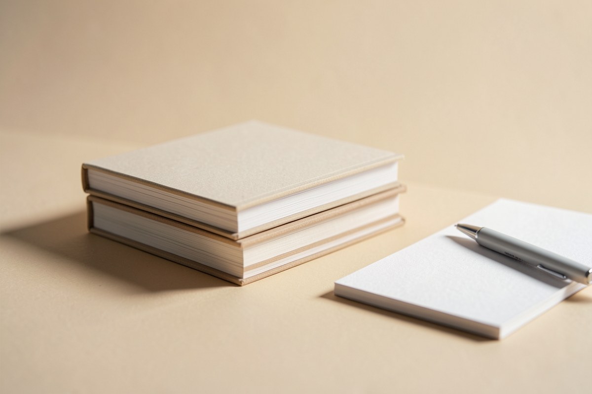 A neatly arranged stack of books and a notepad on a desk, illustrating a commitment to research and publishing.