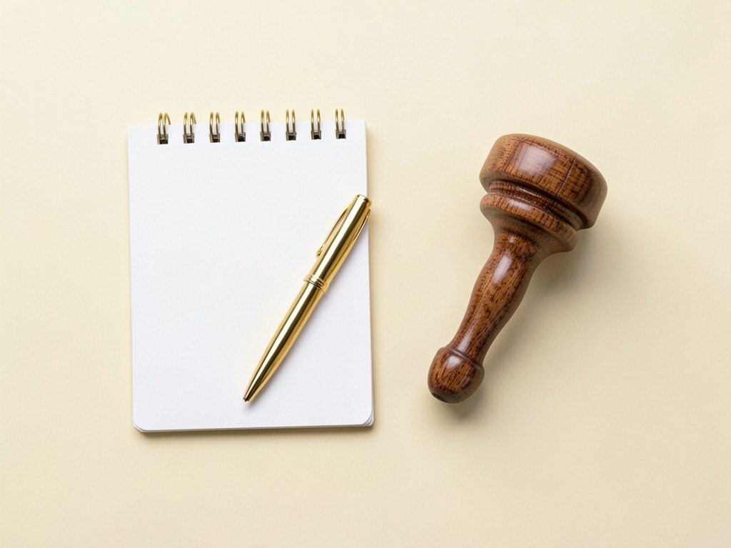 A journalist's notepad with a pen and a small gavel, representing editorial rigor and fact-checking.
