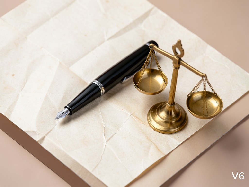 A fountain pen writing on a scroll with a small scale model nearby, representing legal agreements.