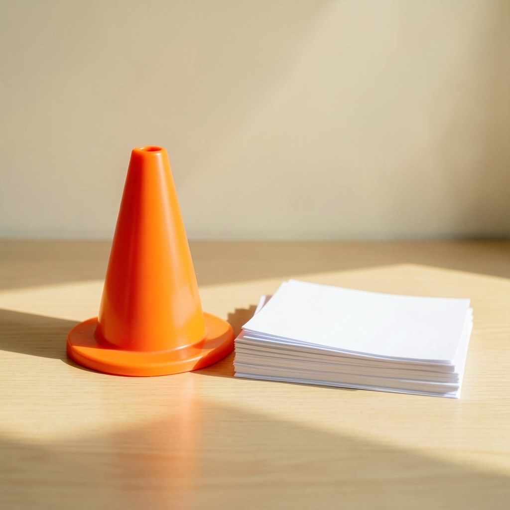 A warning cone on a desk next to a stack of blank papers, highlighting important disclaimers.