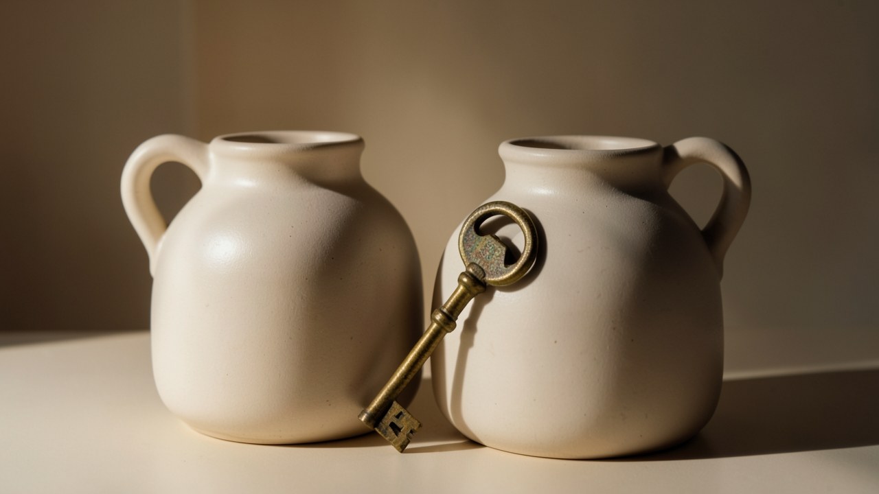 Two ceramic jugs on a table, one plain and one with a key, representing unsecured versus secured loans.
