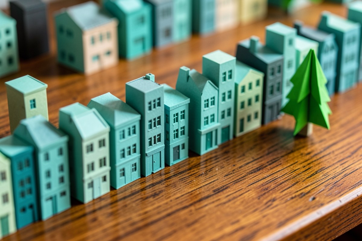 A row of different bank buildings made of paper with a tree, suggesting various lending options.