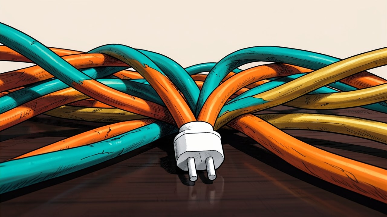 Several tangled cables and wires coming together into one organized plug, symbolizing debt consolidation.
