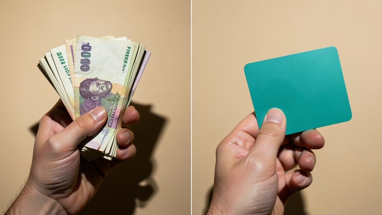 Two hands: one holding a stack of cash and the other holding a credit card, comparing two borrowing options.