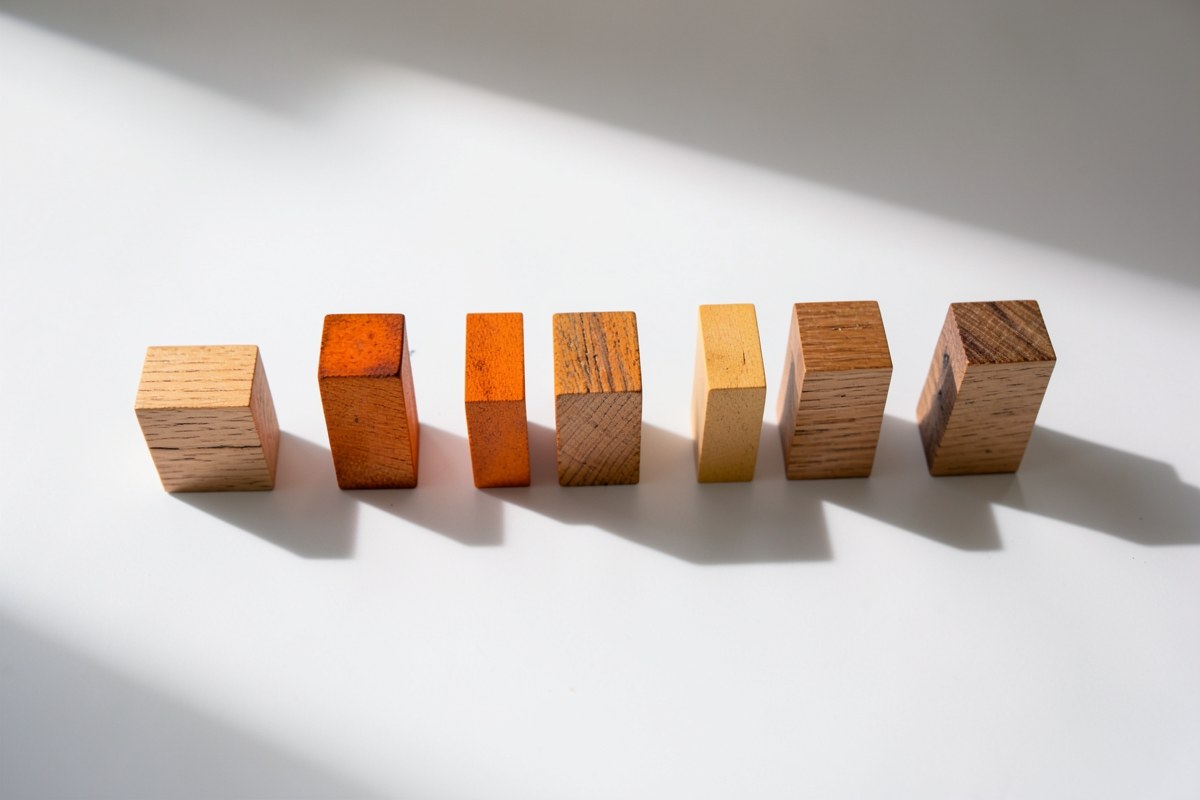 A bar chart made of wooden blocks on a desk, with one block highlighted in orange, illustrating score changes.